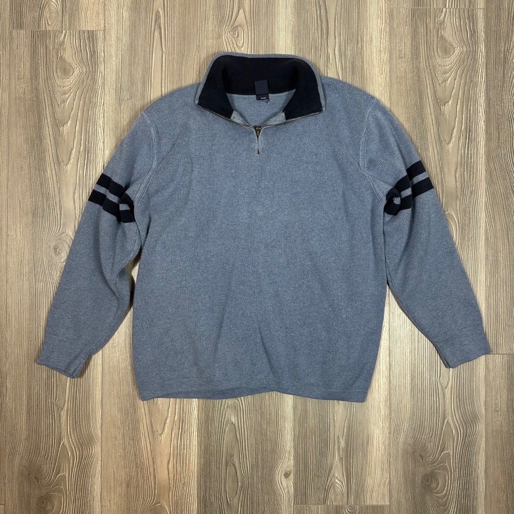 Vintage Gap Blue‎ Half Zip Sweater - SIZE L 100% Cotton Stripes Monochrome